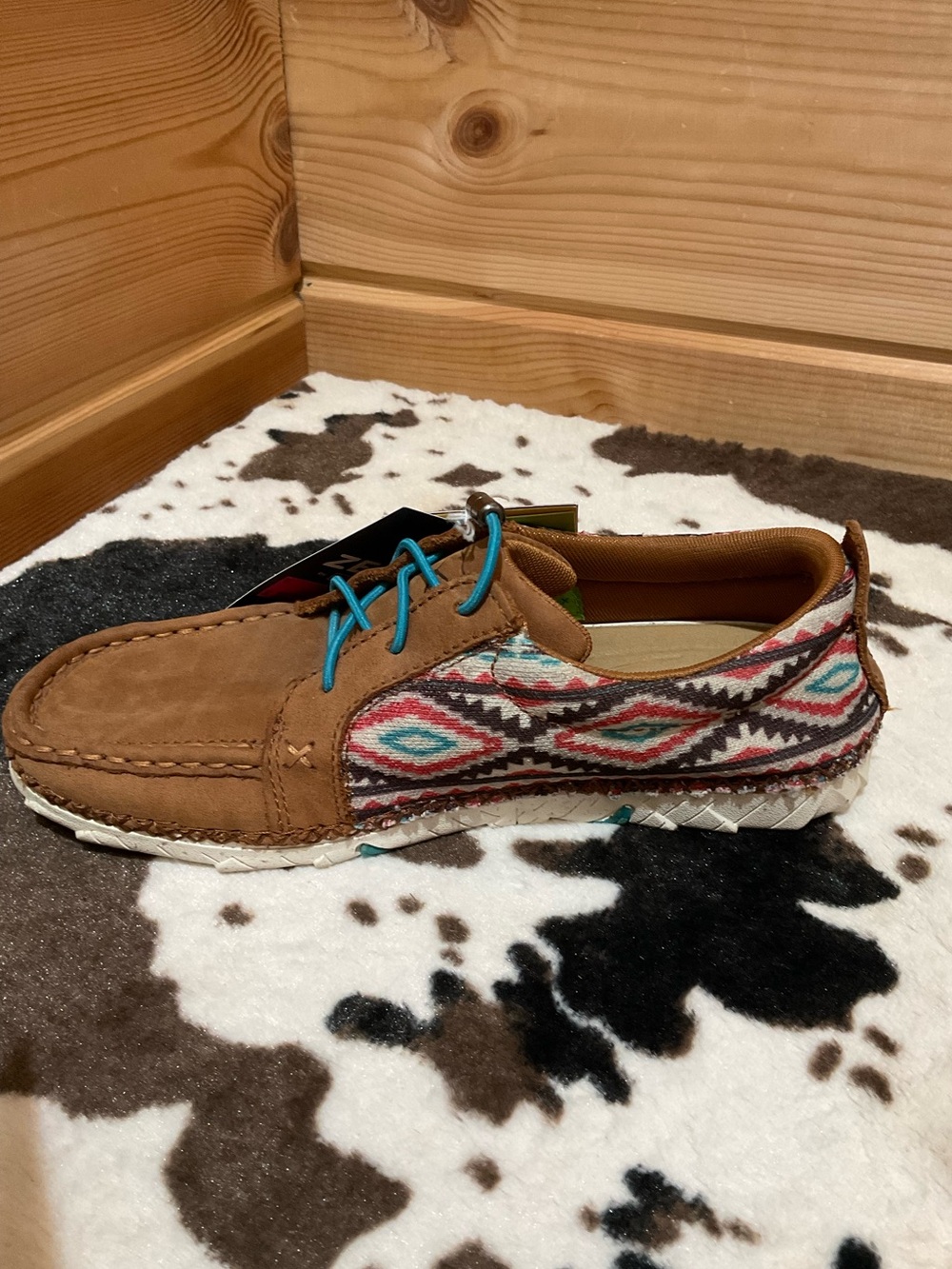 Twisted X Women's Brown Suede Moccasins with Aztec Pattern and Turquoise Laces